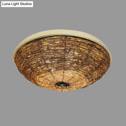 DecorBites™ DecorBites™ Asian Brown Flush Mount Ceiling Light with Rattan Shade for Dining Room - Set of 3 Bulbs