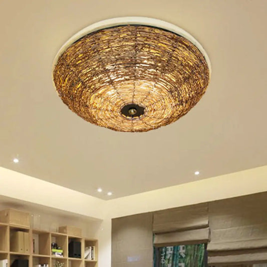 DecorBites™ DecorBites™ Asian Brown Flush Mount Ceiling Light with Rattan Shade for Dining Room - Set of 3 Bulbs