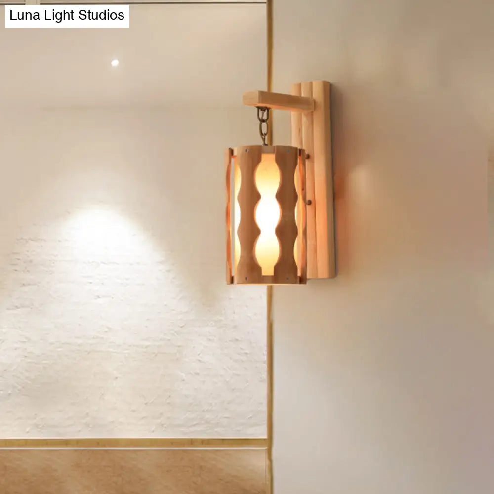 مصباح حائط خشبي مستوحى من الطراز الآسيوي: وحدة إضاءة جدارية أحادية الرأس باللون الكاكي للمطاعم