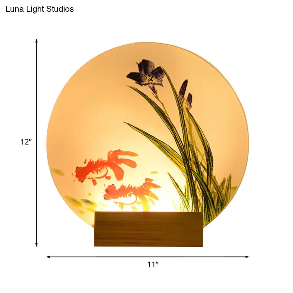 Aplique de pared LED asiático con brazo de madera - Diseño mural de peces dorados/barcos para mesita de noche