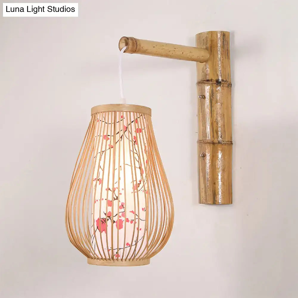Asian pink cherry blossom bamboo teardrop sconce wall lamp with woven shade for led incandescent fluorescent bulbs