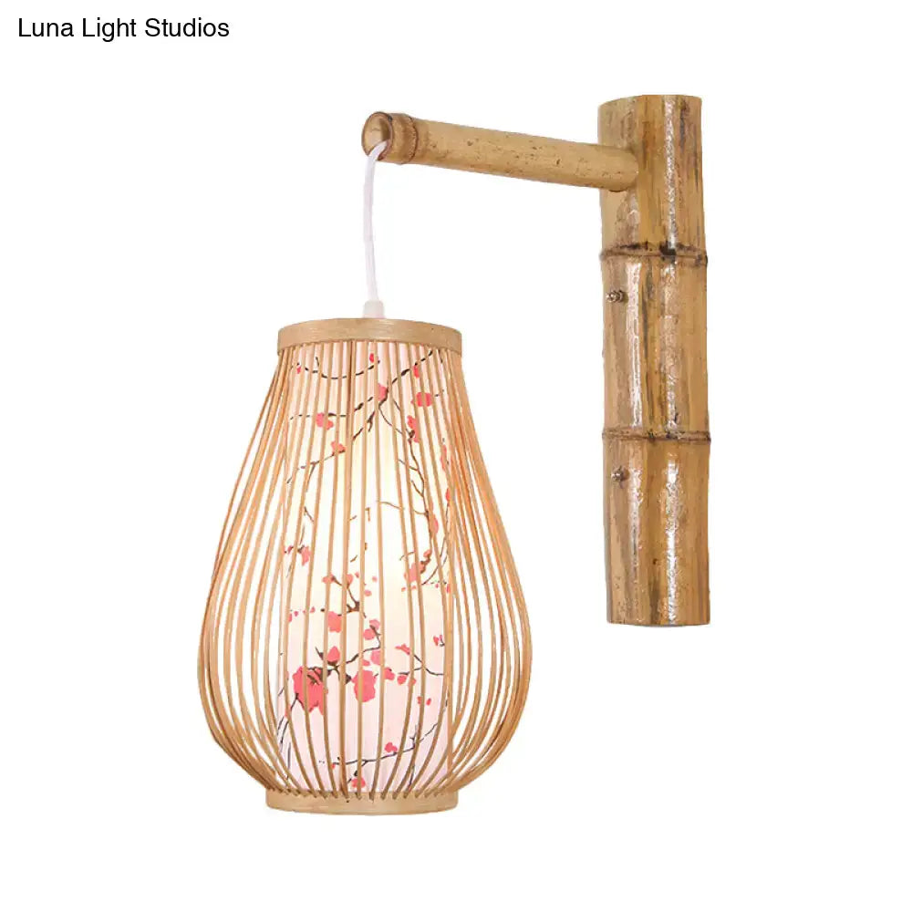 Asian pink cherry blossom bamboo teardrop sconce wall lamp with woven shade suitable for led incandescent fluorescent bulbs
