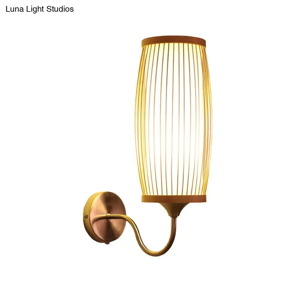 Aplique de pared estilo asiático con forma de barril de bambú y pantalla color pergamino - Un solo cabezal, acabado beige