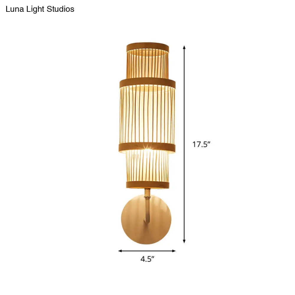 Aplique de pared de bambú de estilo asiático – Lámpara cilíndrica, bombilla individual, iluminación de madera con brazo curvo – Ideal para restaurantes