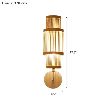 Aplique de pared de bambú de estilo asiático – Lámpara cilíndrica, bombilla individual, iluminación de madera con brazo curvo – Ideal para restaurantes