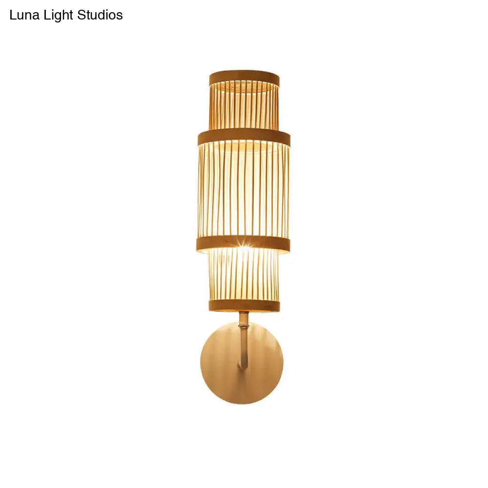 Aplique de pared de bambú de estilo asiático – Lámpara cilíndrica, bombilla individual, iluminación de madera con brazo curvo – Ideal para restaurantes
