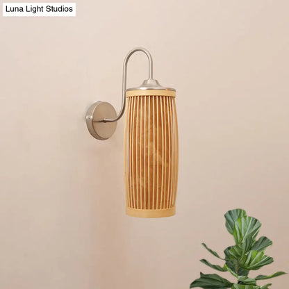 DecorBites™ Asian Style Cylinder Bamboo and Metal Wall Lamp with Gooseneck Arm - 1 Bulb and Beige Shade