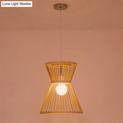 Asian Style Hourglass Pendant Lamp - Bamboo, 1 Bulb, Beige Suspension Light for Foyer