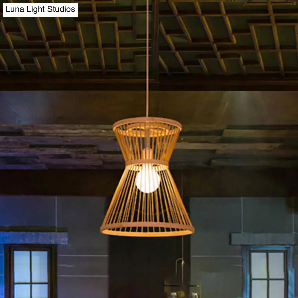 Asian Style Hourglass Pendant Lamp - Bamboo, 1 Bulb, Beige Suspension Light for Foyer