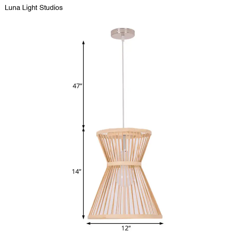 Asian Style Hourglass Pendant Lamp - Bamboo, 1 Bulb, Beige Suspension Light for Foyer