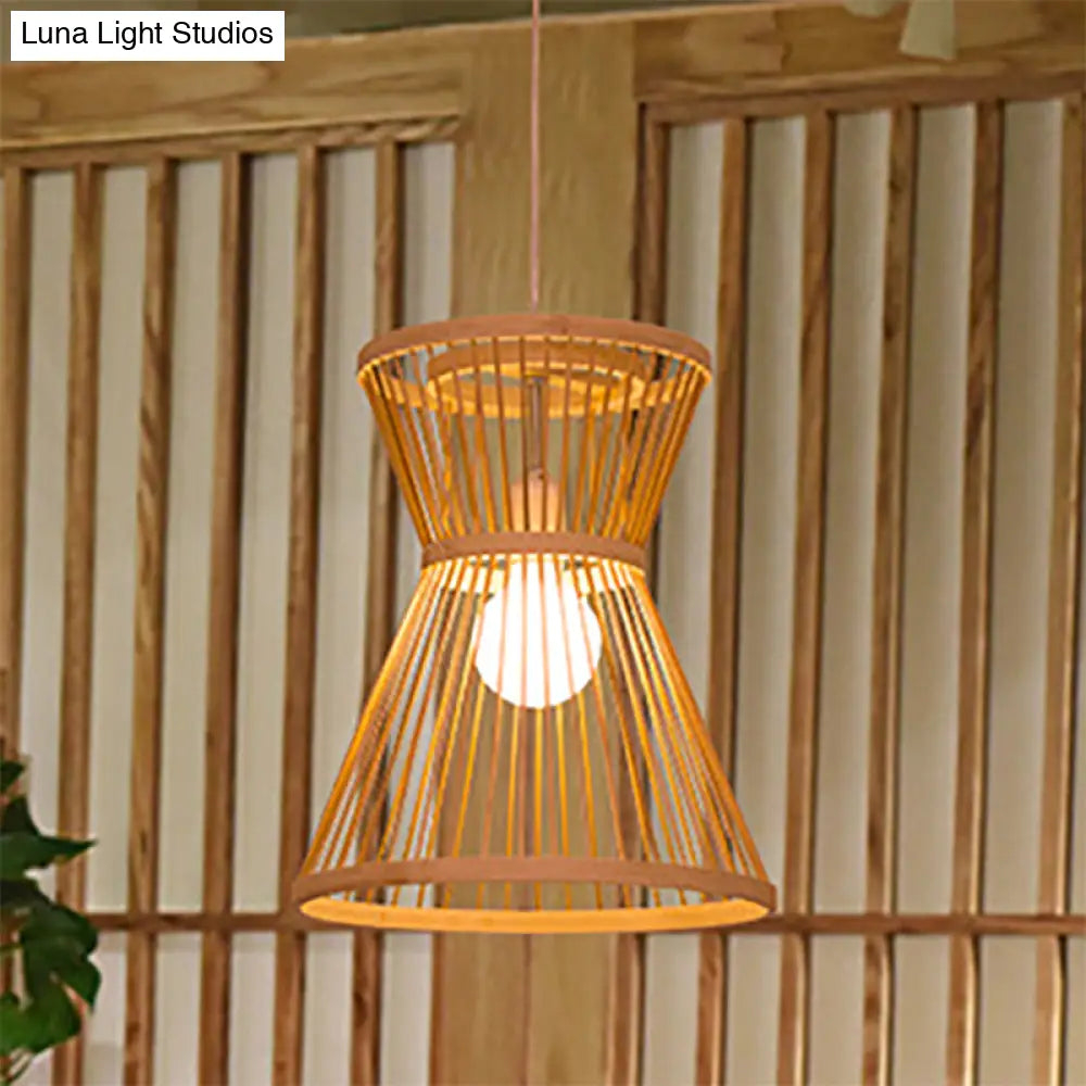 Asian Style Hourglass Pendant Lamp - Bamboo, 1 Bulb, Beige Suspension Light for Foyer