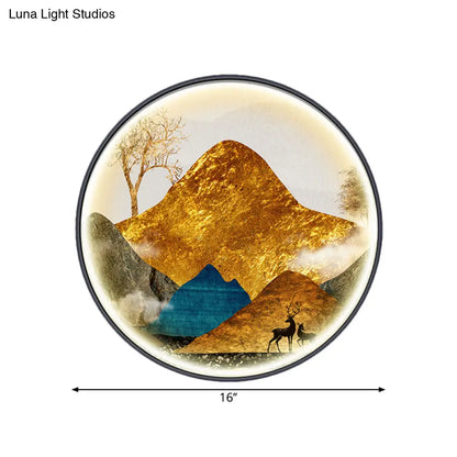 Lámpara de pared LED de estilo asiático con diseño de paisaje - Aplique circular amarillo/verde