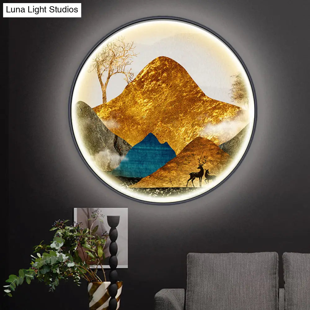 Lámpara de pared LED de estilo asiático con diseño de paisaje - Aplique circular amarillo/verde