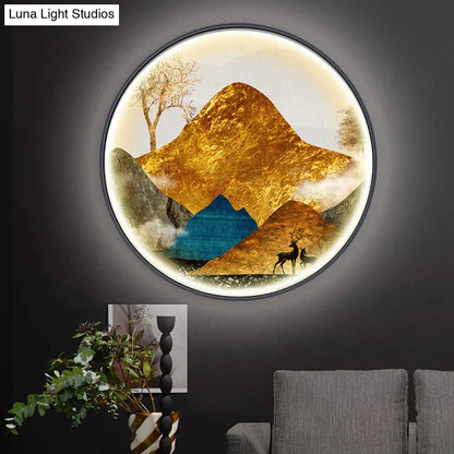 Lámpara de pared LED de estilo asiático con diseño de paisaje - Aplique circular amarillo/verde