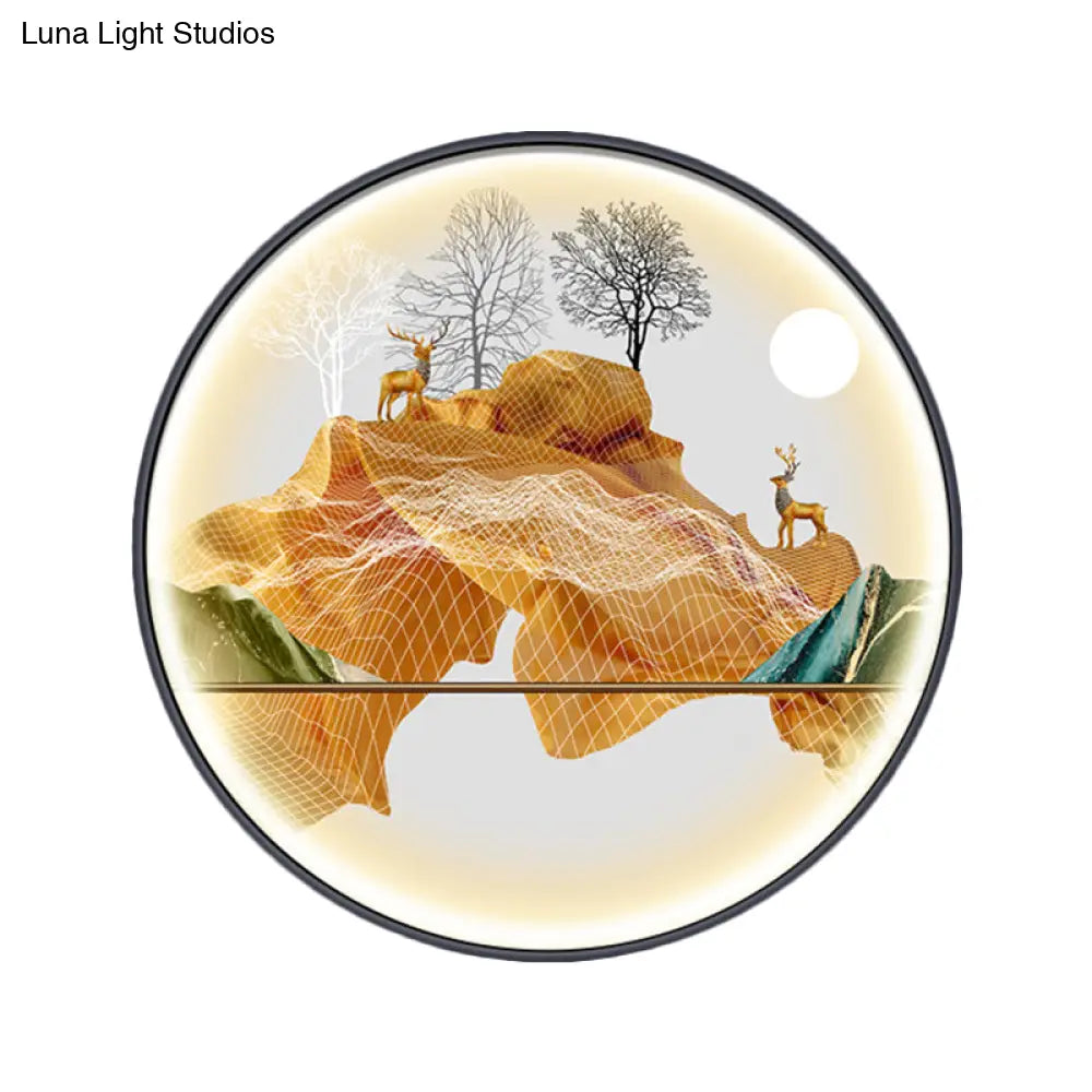 Lámpara de pared LED de estilo asiático con diseño de paisaje - Aplique circular amarillo/verde