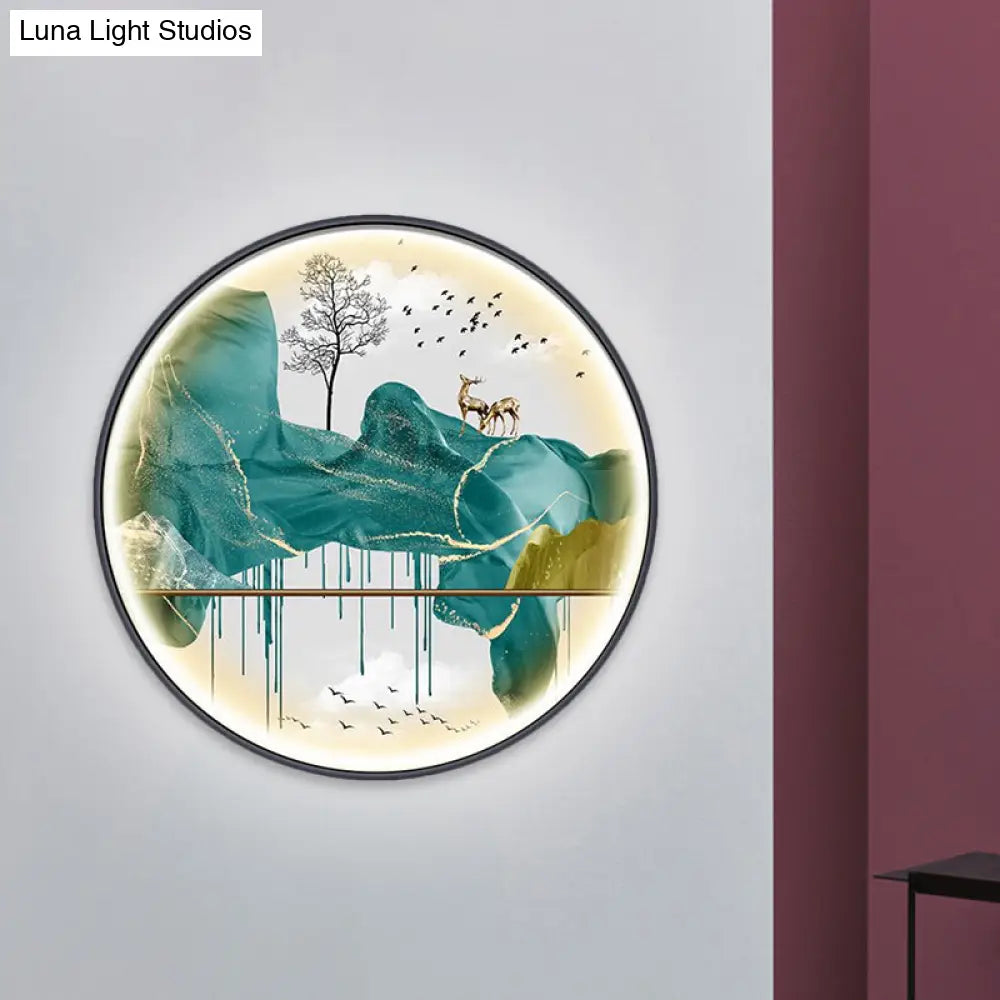 Lámpara de pared LED de estilo asiático con diseño de paisaje - Aplique circular amarillo/verde