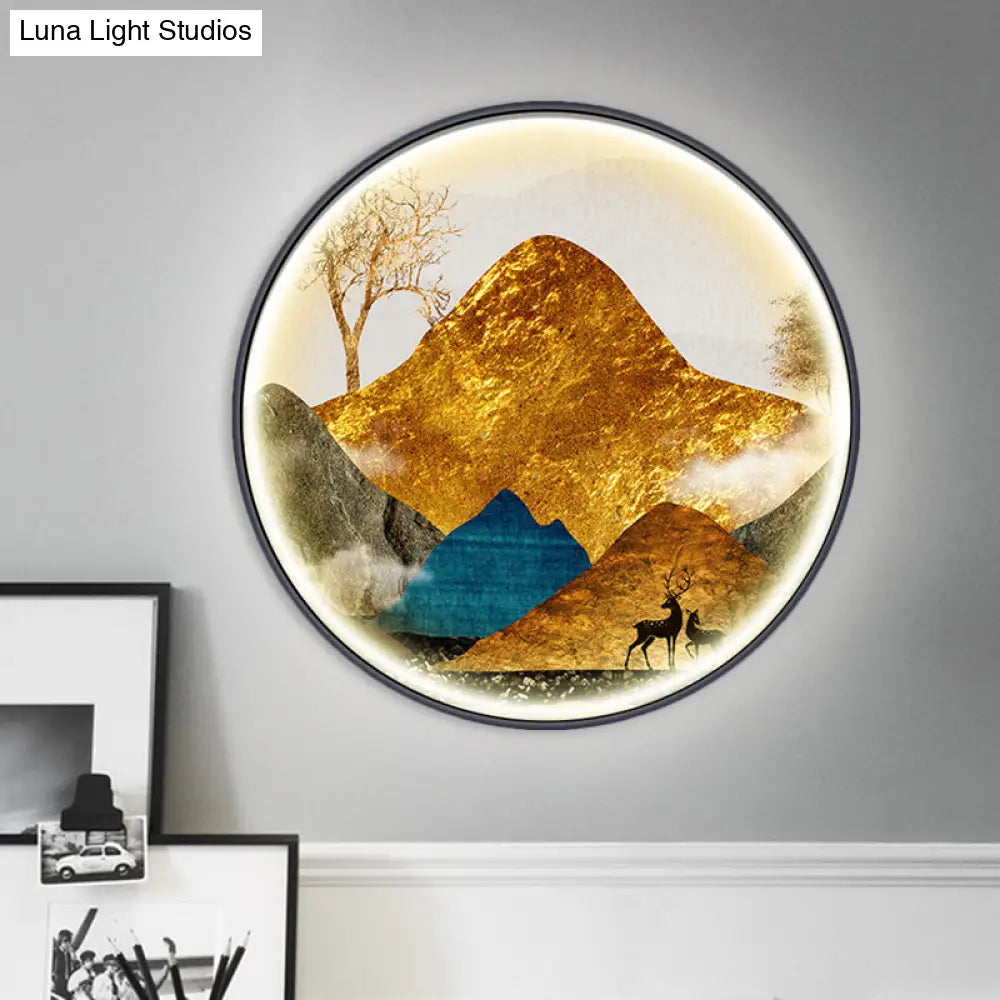Lámpara de pared LED de estilo asiático con diseño de paisaje - Aplique circular amarillo/verde