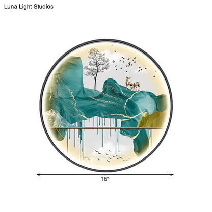 Lámpara de pared LED de estilo asiático con diseño de paisaje - Aplique circular amarillo/verde