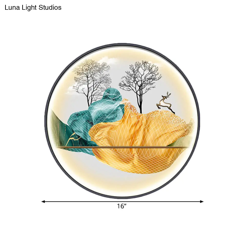 Lámpara de pared LED de estilo asiático con diseño de paisaje - Aplique circular amarillo/verde