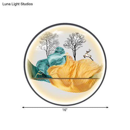 Lámpara de pared LED de estilo asiático con diseño de paisaje - Aplique circular amarillo/verde