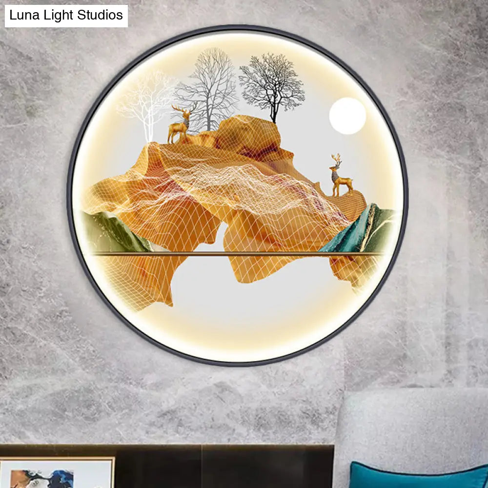 Lámpara de pared LED de estilo asiático con diseño de paisaje - Aplique circular amarillo/verde