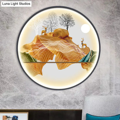 Lámpara de pared LED de estilo asiático con diseño de paisaje - Aplique circular amarillo/verde