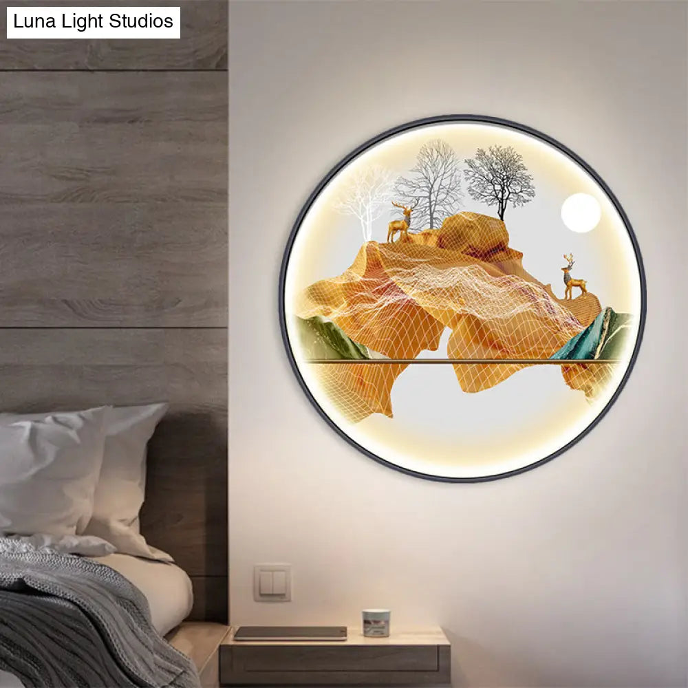 Lámpara de pared LED de estilo asiático con diseño de paisaje - Aplique circular amarillo/verde