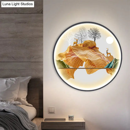 Lámpara de pared LED de estilo asiático con diseño de paisaje - Aplique circular amarillo/verde