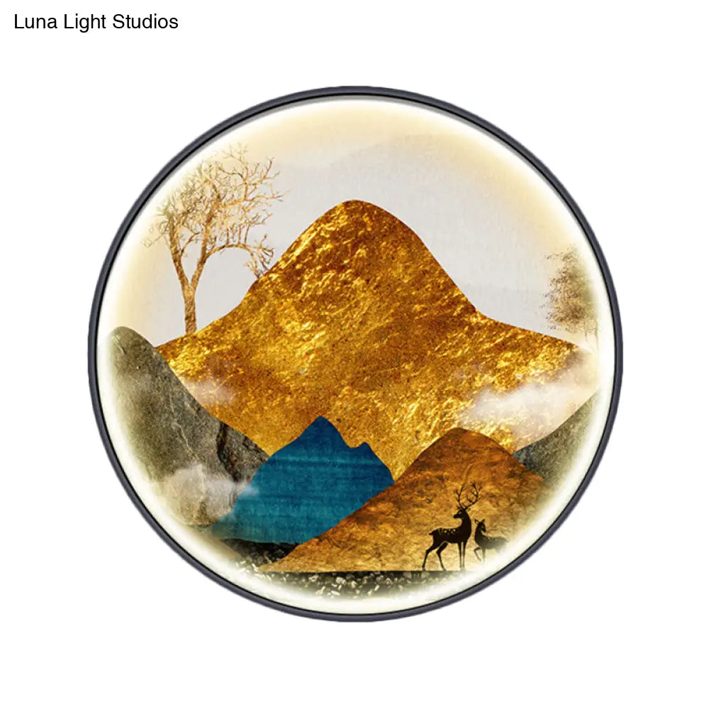 Lámpara de pared LED de estilo asiático con diseño de paisaje - Aplique circular amarillo/verde