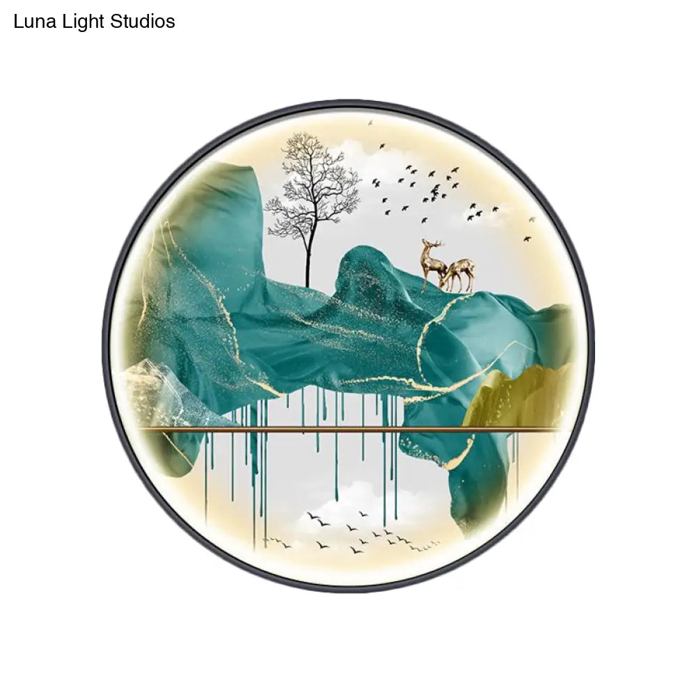 Lámpara de pared LED de estilo asiático con diseño de paisaje - Aplique circular amarillo/verde