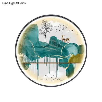 Lámpara de pared LED de estilo asiático con diseño de paisaje - Aplique circular amarillo/verde