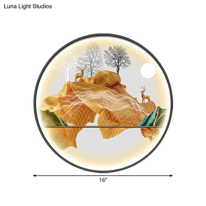 Lámpara de pared LED de estilo asiático con diseño de paisaje - Aplique circular amarillo/verde