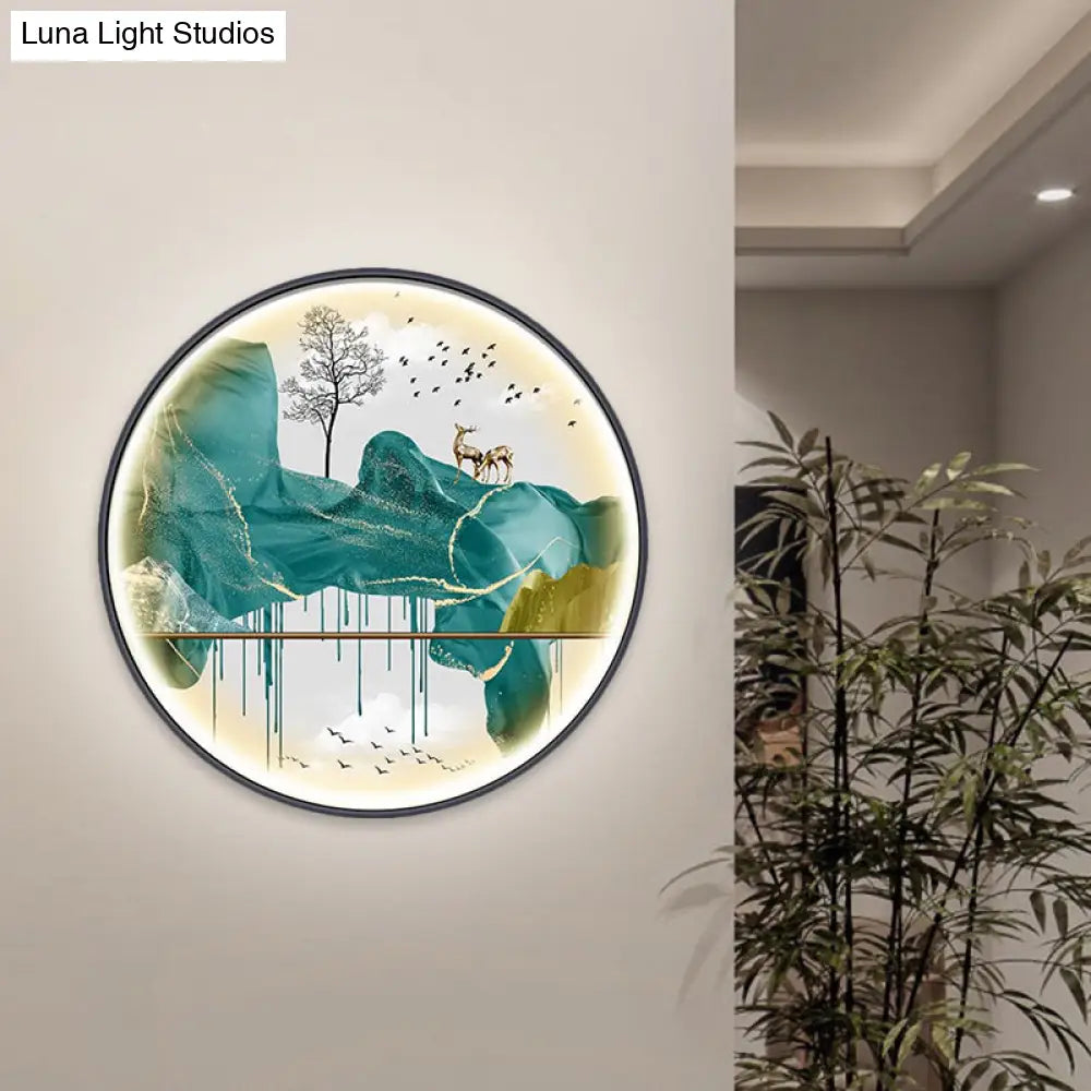 Lámpara de pared LED de estilo asiático con diseño de paisaje - Aplique circular amarillo/verde