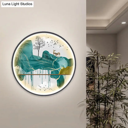 Lámpara de pared LED de estilo asiático con diseño de paisaje - Aplique circular amarillo/verde