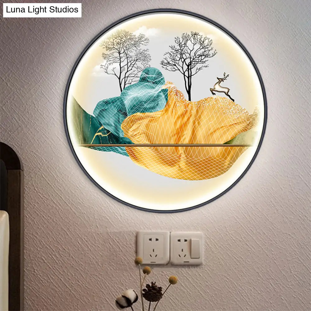Lámpara de pared LED de estilo asiático con diseño de paisaje - Aplique circular amarillo/verde