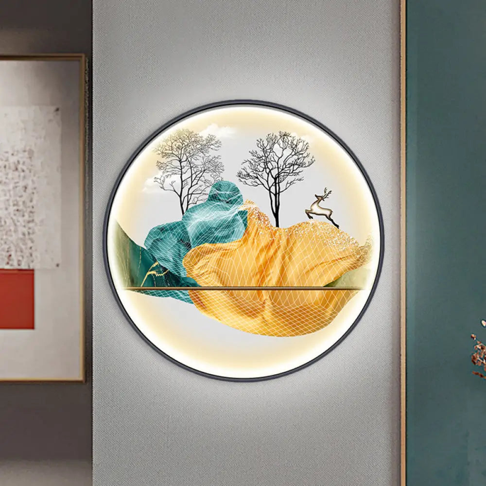 Lámpara de pared LED de estilo asiático con diseño de paisaje - Aplique circular amarillo/verde