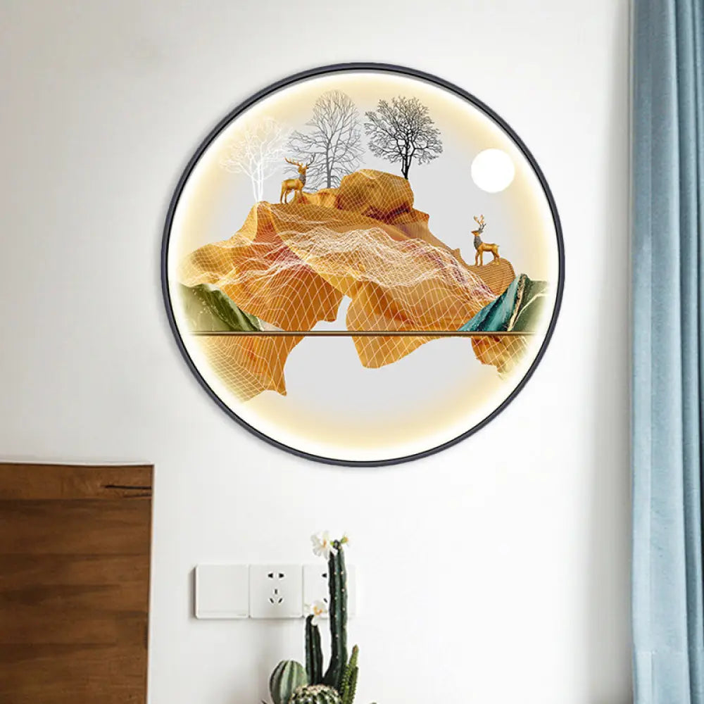 Lámpara de pared LED de estilo asiático con diseño de paisaje - Aplique circular amarillo/verde