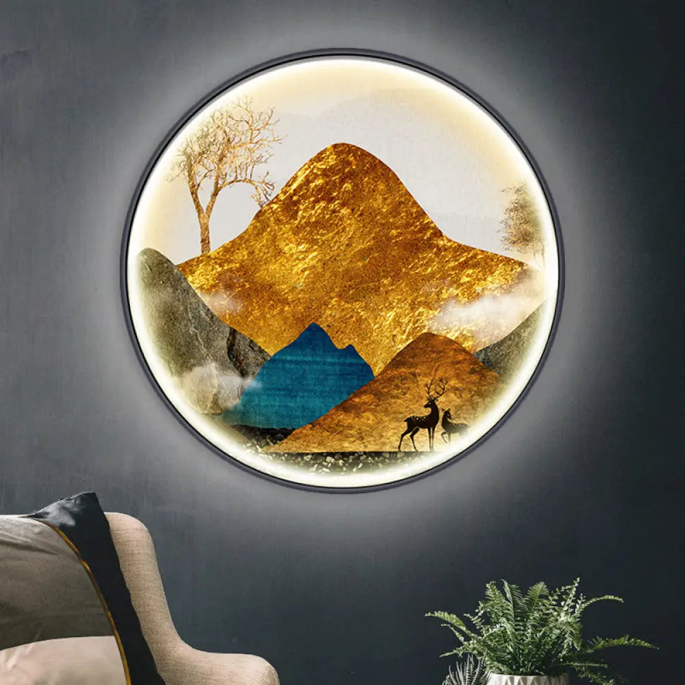 Lámpara de pared LED de estilo asiático con diseño de paisaje - Aplique circular amarillo/verde