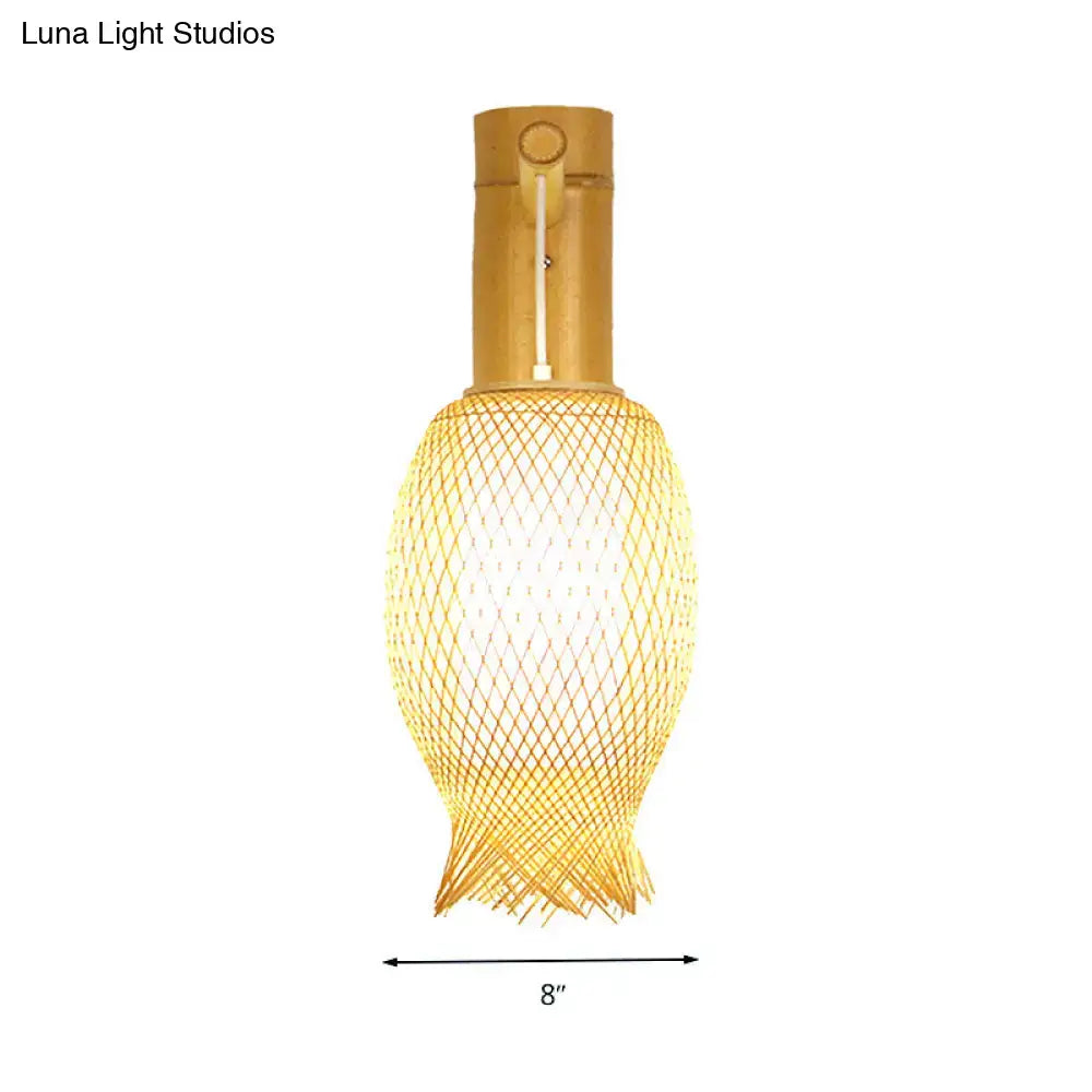 Asian style natural bamboo wall sconce with warm-toned woven lattice body and direct wired electric led fixture for bedroom use