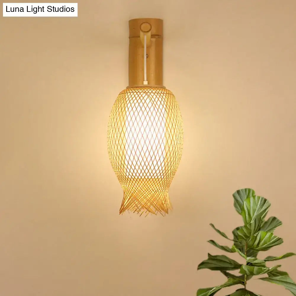 A warm-toned bamboo wall sconce with woven rattan shade direct wired electric led incandescent fluorescent lamp