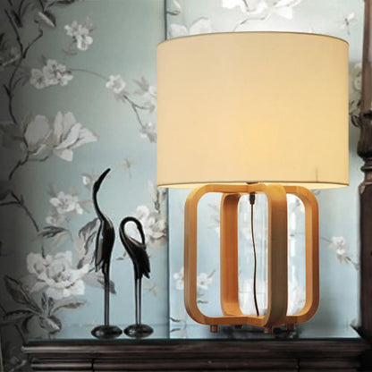 مصباح ليلي لغرفة النوم من الخشب الآسيوي، بإضاءة واحدة، باللون البيج، مع إطار أسطواني ومصباح طاولة مربع