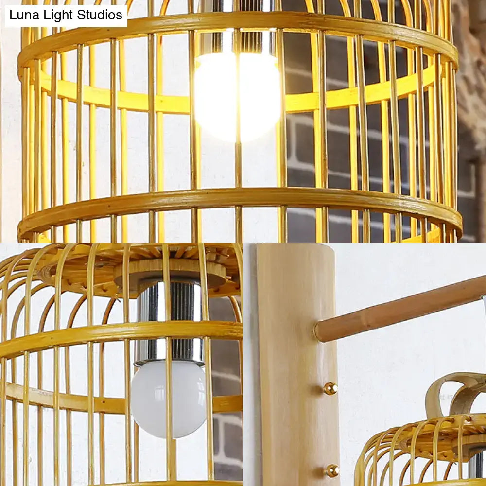 Golden bamboo wood cage design pendant light with warm bulb and white bird deco for bedroom 220v-240v 110v-120v use