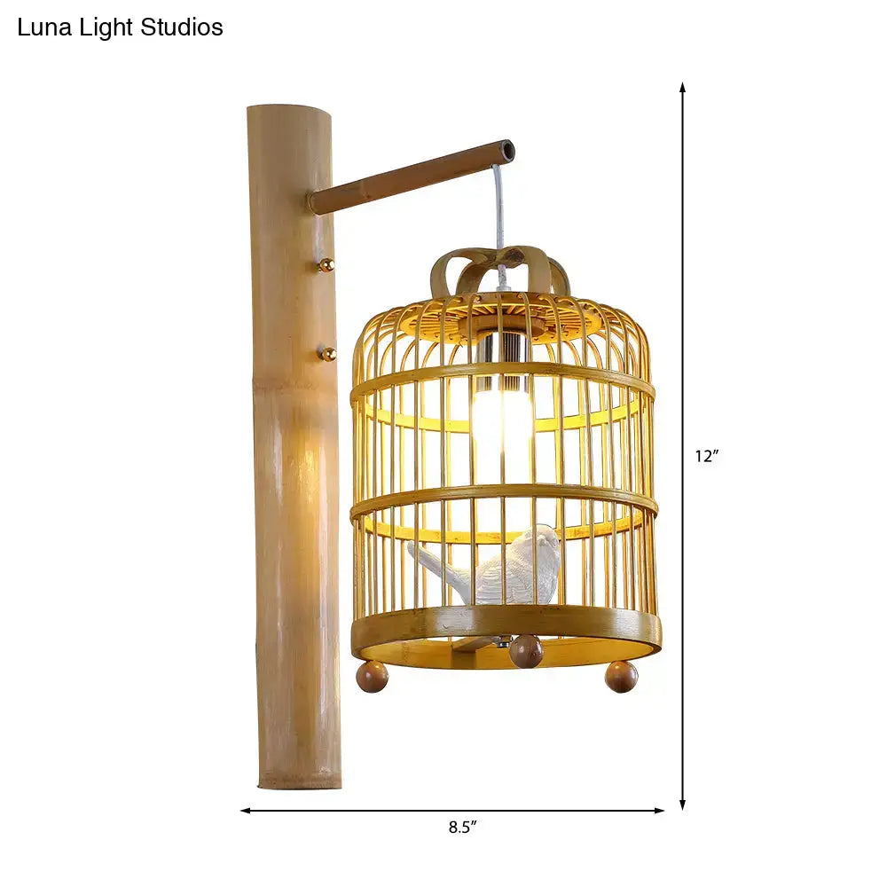 Golden bamboo-style wall sconce with wood cage design and white bird deco figurine for 220v-240v 110v-120v use