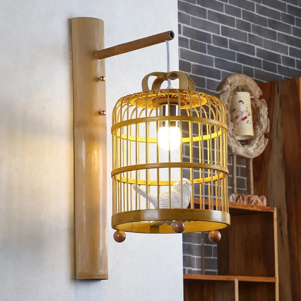 Golden birdcage style wall lamp with white ceramic bird inside asian wood cage design white bird deco 220v-240v 110v-120v