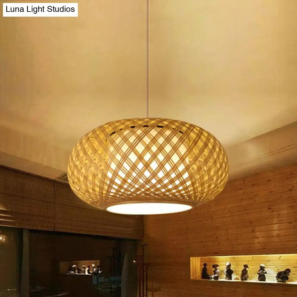 Asian Wood Pendant Light with Lantern Bamboo Shade for Tearoom Ceiling