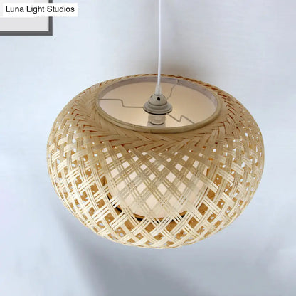 Asian Wood Pendant Light with Lantern Bamboo Shade for Tearoom Ceiling