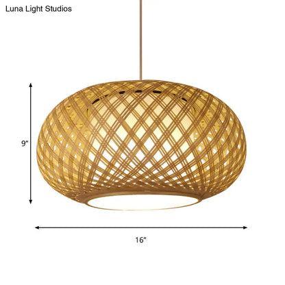 Asian Wood Pendant Light with Lantern Bamboo Shade for Tearoom Ceiling