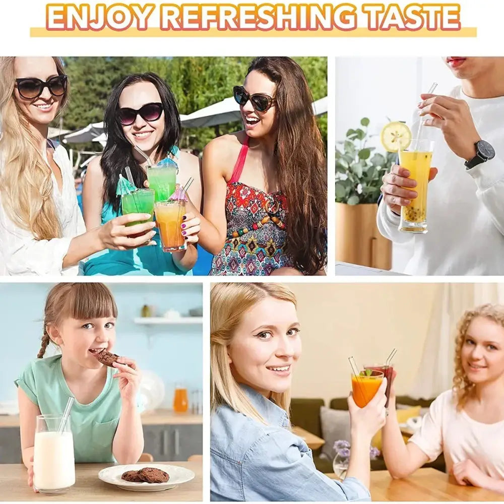 Assorted colorful clear glass smoothie straws with metal tips and decorative lemon slices for kitchen use