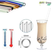 Assorted colorful glass smoothie straws 4-pack featuring blue amber and pink decorbites clear glass design