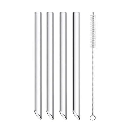 Set of four decorbites clear glass smoothie straws with rounded ends and a metal cleaning brush for kitchen use